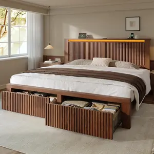 Raybee Luxury Bed Frame with 2 Storage Drawers & LED Lights, Mid-Century Modern Luxury Wooden Wavy Panel Headboard with Storage Shelf &Charging Station, Heavy Duty Steel Slats,NO Noise,No Box Spring Needed,Easy Assembly,Walnut