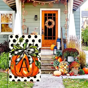 Halloween Fall Monogram Letter A Garden Flag Polka Dot Pumpkin Double Sided Outside, Small Burlap Family Last Name Initial Yard Decoration Decorating Spooky Creepy Ornaments