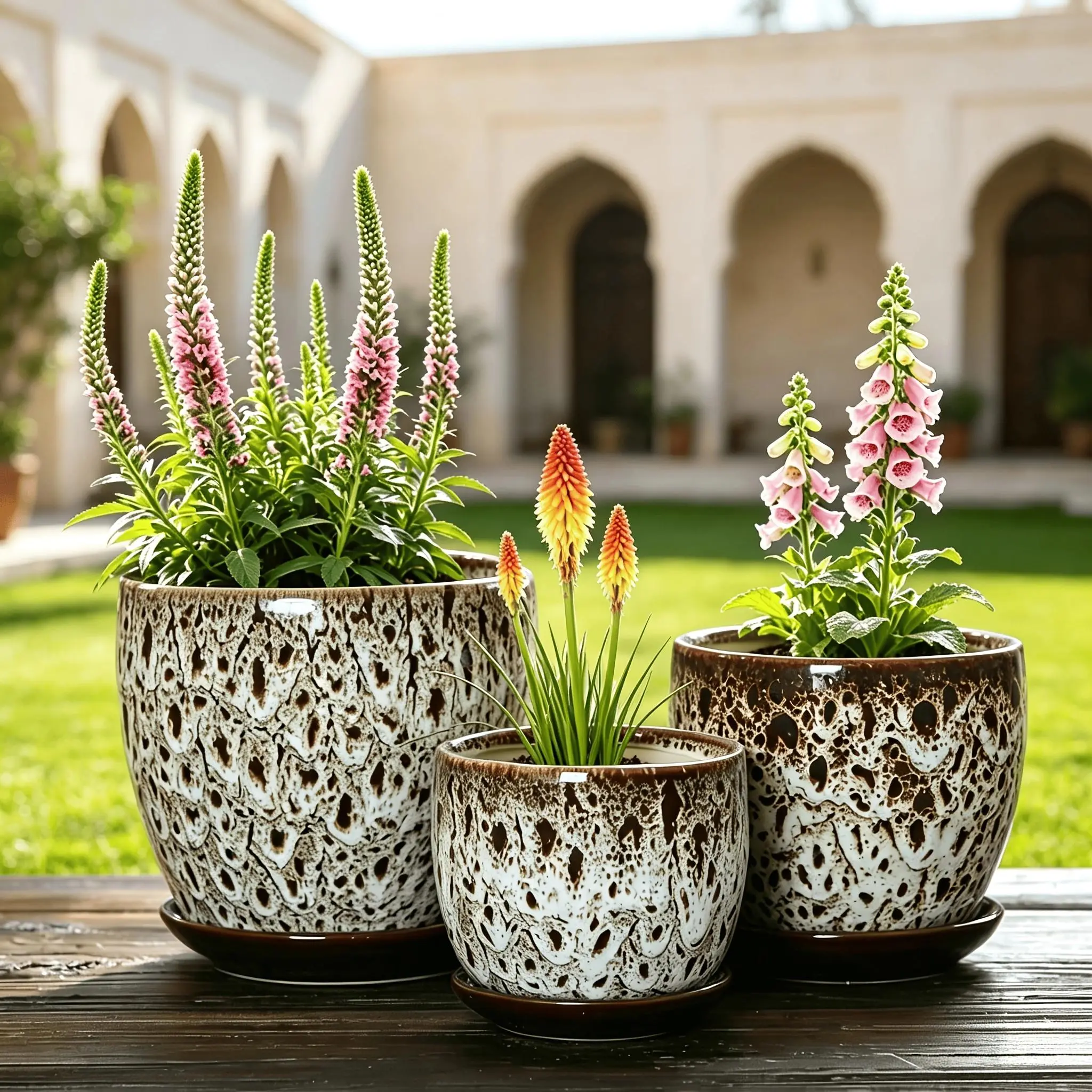 Set of 3 Vintage Mottled Ceramic Plant Pots with Matching Saucers, Large Medium Small Flower Planters with Drainage Hole, Decor for Indoor Desktop, Balcony & Patio, Great Gift for Plant Lovers. Plants NOT Included.