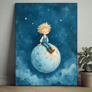1 piece children's room wall decoration - Cute boy's room art poster with frame - Big-eyed moon and boy in the starry sky - Soft blue and turquoise colors - Easy hook/adhesive installation - Modern baby painting, suitable for baby parties, room decoration