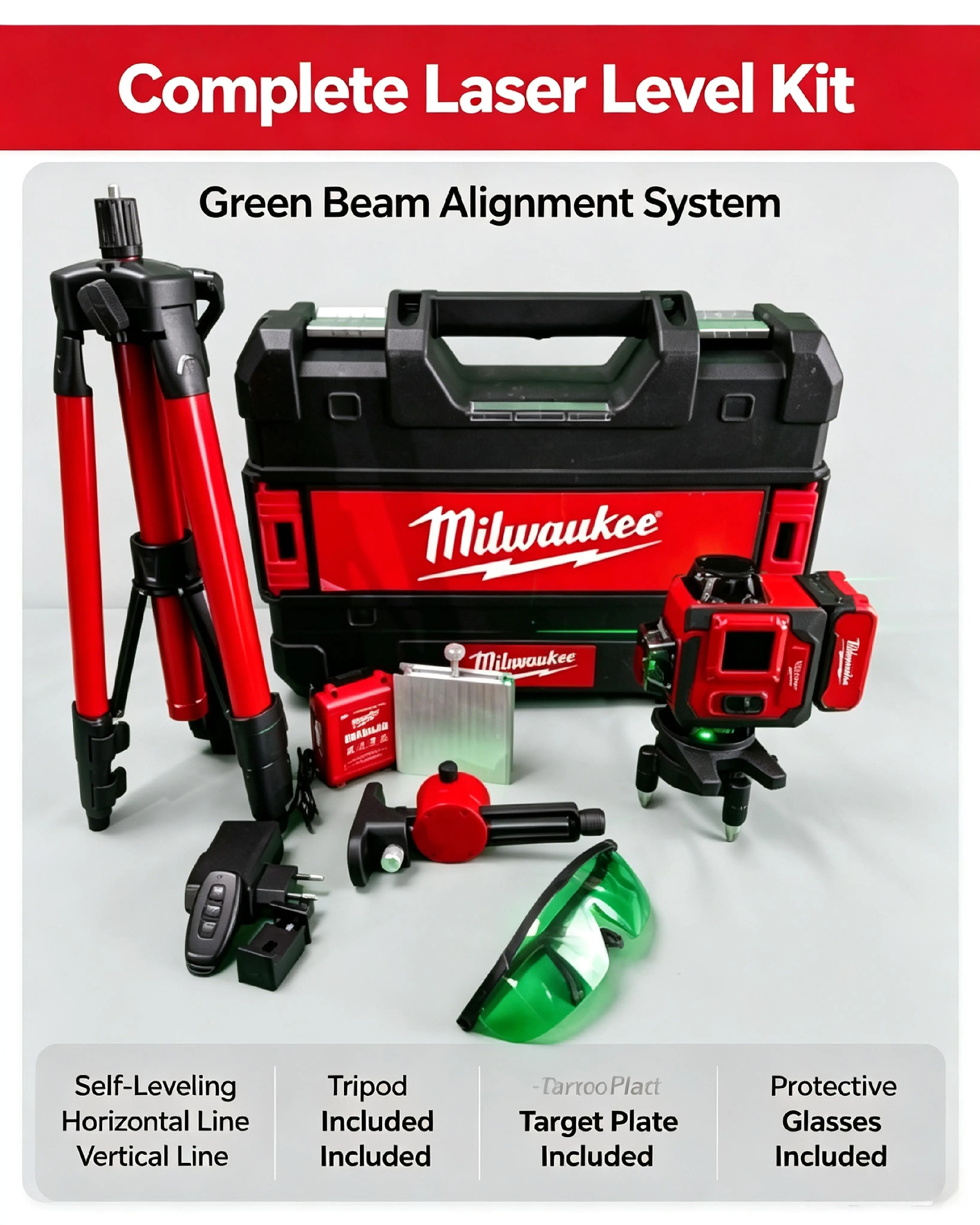 Milwaukee 3D Green Beam Line Laser Level Kit - Self-Levelling Tool for Construction & Aero Mechanics, Laser Measuring Tool with Tripod, Battery, Charger, Remote, Hard Case, Heavy-Duty Fastening, Stable Power Output for Precise Alignment