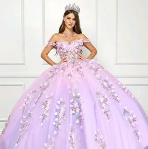 Lilac Pink Quinceañera Dress | Princess Sweet 15 Gown with Floral Appliqués, Off-Shoulder Corset and Full Tulle Skirt