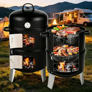 Vertical Steel Charcoal Smoker, Heavy Duty Double Layer Round BBQ Grill For Outdoor Cooking, Black, Summer Vibes