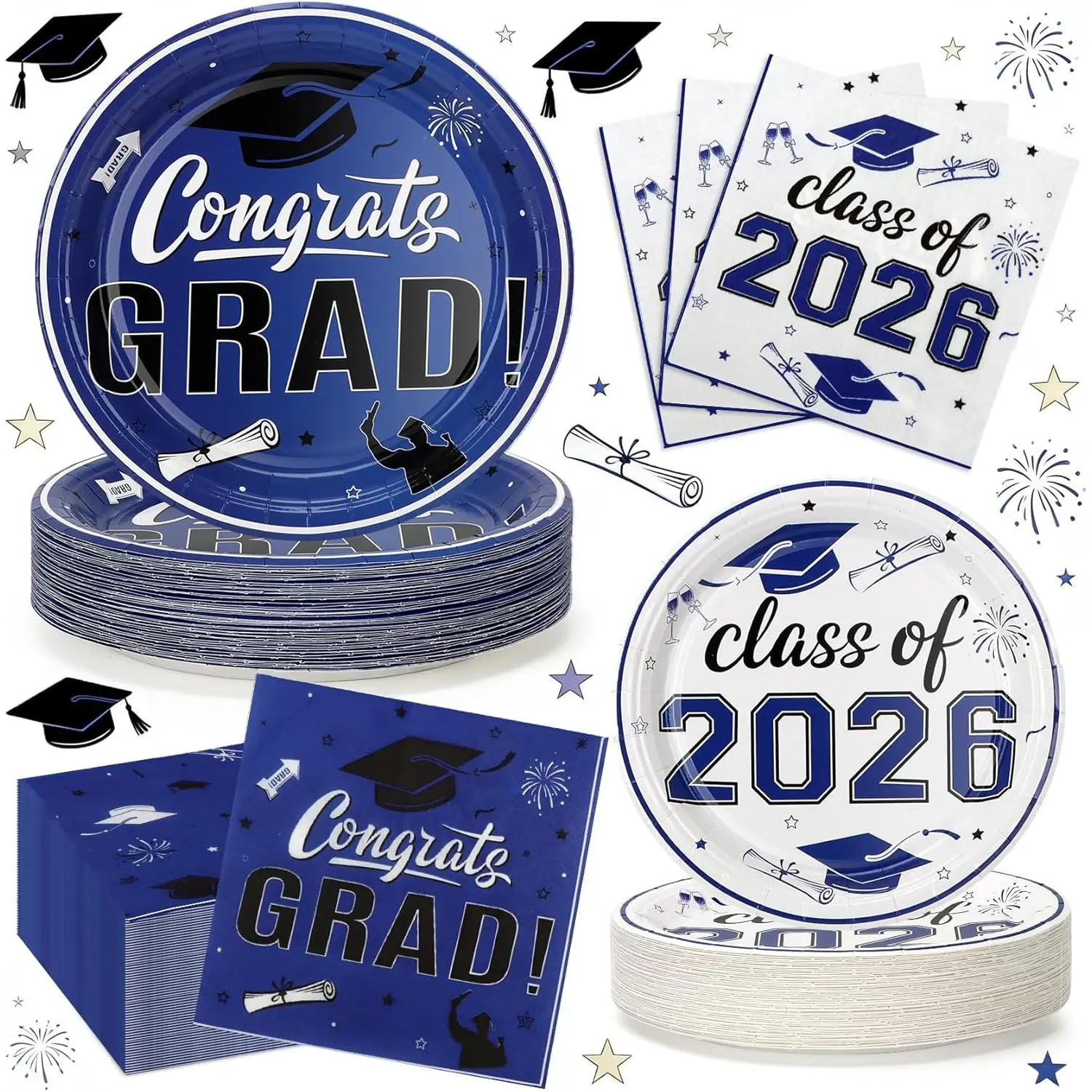 2026 Graduation Plates and Napkins, 9’’ Disposable Paper Plates 7’’ Dessert Plates with Blue Congrats GRAD Class of 2026 Party Supplies Tableware Set for G
