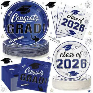 2026 Graduation Plates and Napkins, 9’’ Disposable Paper Plates 7’’ Dessert Plates with Blue Congrats GRAD Class of 2026 Party Supplies Tableware Set for G