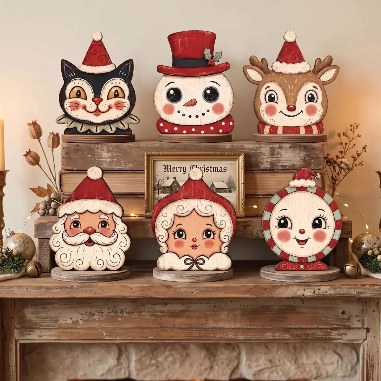 Christmas Decorations Indoor, Vintage Decor, Retro Wooden Block for Shelf Decor, Black Cat, Snowman, Reindeer, Santa Claus, Christmas Gifts
