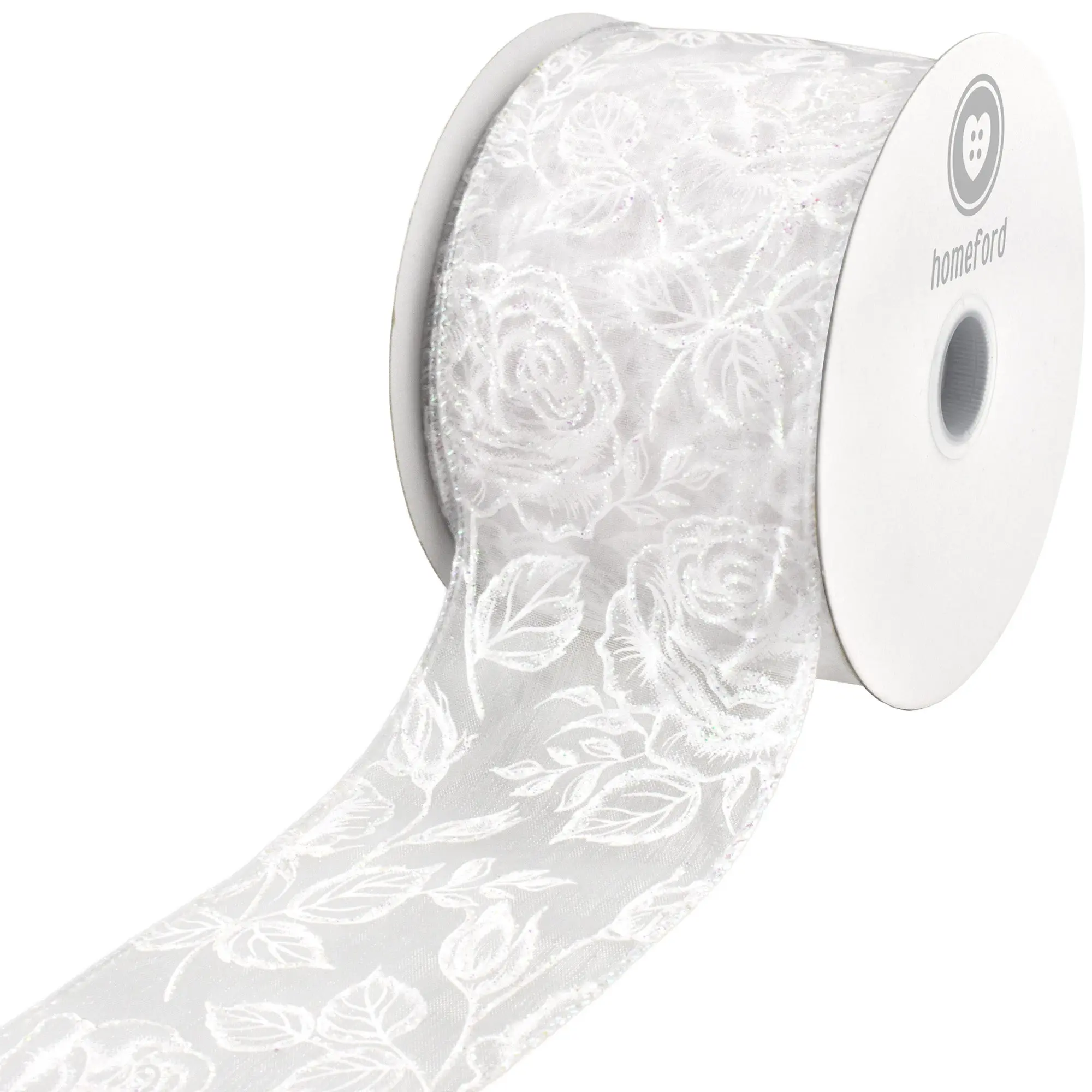Glittered Roses Sheer Organza Wired Ribbon, 10-yard