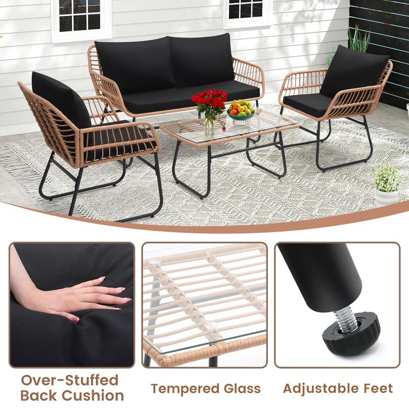 4 Piece Patio Bistro Outdoor Furniture Set, Wicker Sofa, 2 Rattan Chairs, and Table, Backyard Conversation Set, All Weather Cushions，for Garden,Poolside, Backyard