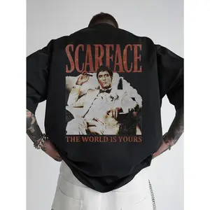 [Hot Streetwear Item] Scarface "The World Belongs to You" Retro Distressed Print Oversized Black Short-Sleeve Shirt - Retro movie pattern hip-hop aesthetic, unisex, Y2K street style casual summer outfit