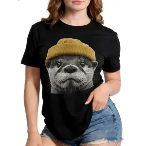 Cute Otter Beanie Graphic T-Shirt | 100% Cotton Animal Tee for Nature Lovers | Whimsical Everyday Wear TShirt | Funny