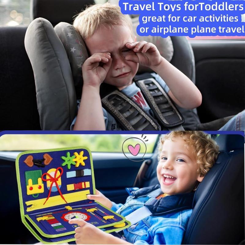 Summer Busy Board Montessori Toys for 1-3 Year Old Boys, Educational Sensory Busy Book for Toddlers 2-4, Learning Activities Toy for Airplane & Car Travel, Blue 3-Page Design