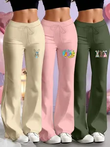 3-Piece Set of Milk Silk Yoga Pants for All Seasons, Casual Wide Leg Design with Drawstring Waist, Unique Easter Bunny Print for Women, Sports Casual Pants