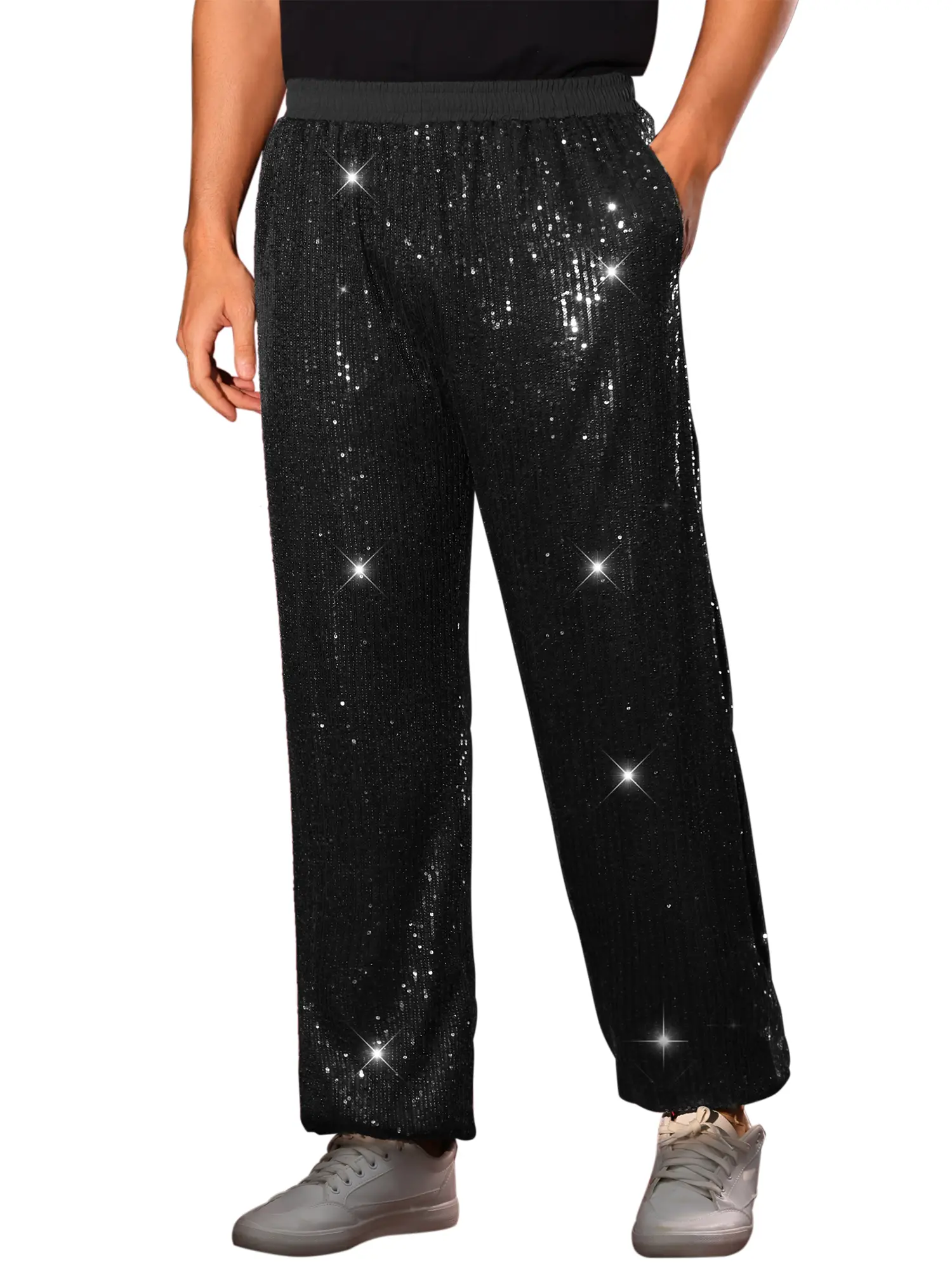 INSPIRE CHIC Sequin Pants for Men's Baggy Metallic Joggers Elastic Waist Costume Night Club 70s Disco Shiny Trousers