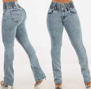 Womenswear – Women’s High Waist Acid Wash Bootcut Jeans, Push Up Tummy Control 3 Button Spandex Waist Stretch Denim – MX JEANS by ModaXpress