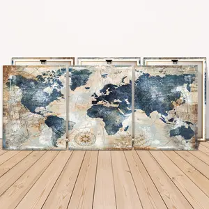 3 Counts Wooden Framed Canvas Painting, Vintage World Map Artwork, Exquisite Poster, Perfect Living Room Decoration, Modern Art, Fashion Family Poster, Wall Art Decoration, Waterproof Art