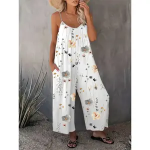 Comfortable Loose Floral Jumpsuit, U-Neck Ruched Fit with Practical Pocket Design, Precise Tailoring, Perfect for Vacation