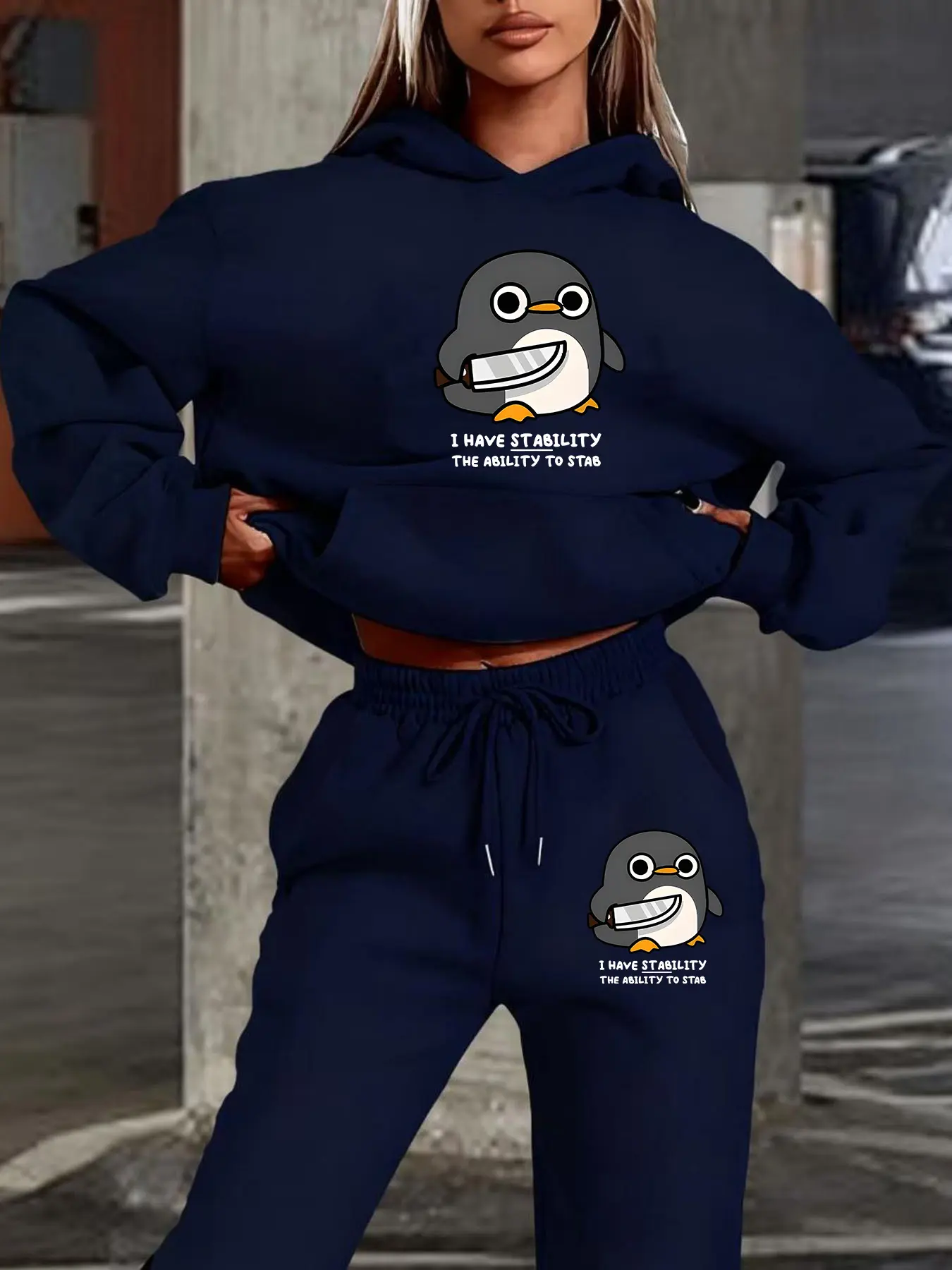 Women's Hooded Sweatshirt Set Summer New Pattern Print Cartoon Penguin Character Funny Contrast Text Casual Style