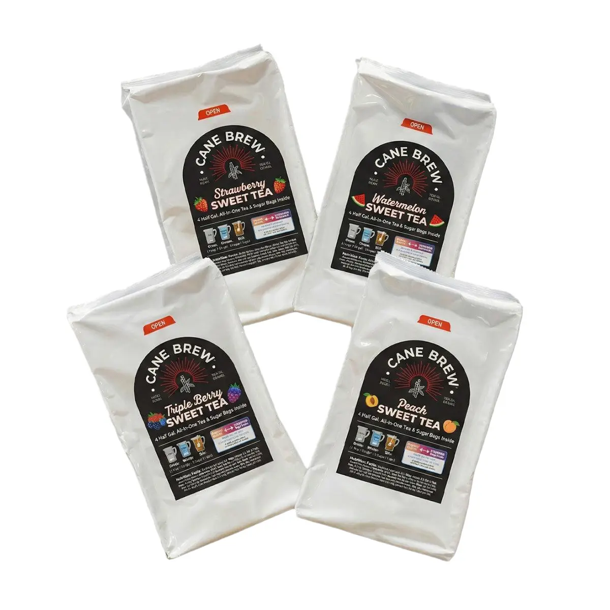 Cane Brew Sweet Tea Variety Pack - 4 Flavors, 16 Half-Gallon Tea & Sugar Bags - Gluten Free - Non-Returnable