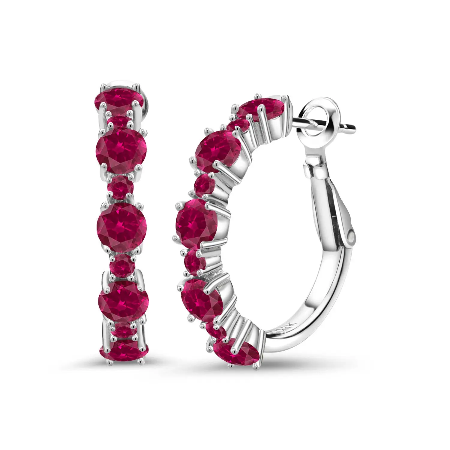 Gem Stone King 925 Silver Round Red Created Ruby Hoop Earrings for Women | Round 4x4mm | Lever Back | 2.90 Cttw | 0.40 Cttw Accents | July Birthstone