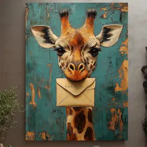 1 Piece Quirky Giraffe Writing Letter Canvas Print, Soft Colors, Wooden Frame, Hook Installation, Composite Wood, Bathroom Decor Wall Art, Giraffe Decoration