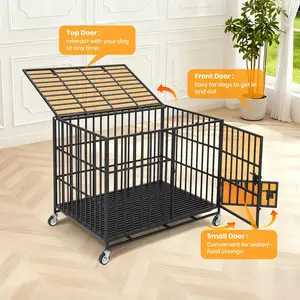 YJ-Garvee Heavy Duty Escape-Proof Metal Dog Crate for Medium/Large Dogs, 3 Doors (Front/Top/Meal Door) with Removable Tray, Locking Wheels, Secure Indoor Outdoor Kennel, Black