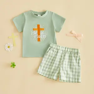 Toddler Baby Little Boys Easter Shorts Sets Short Sleeve Letter Cross Embroidery Tops and Plaid Shorts 3M-3Y