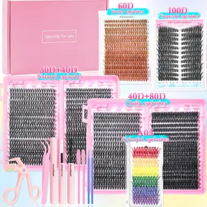 DIY eyelash extension kit/individual lashes kit/Reusable/D Curl/Natural/Daily/Brown/Thick/Colorful/with Bond and Seal/Tweezers/eyelash curler/for Wedding/Music Festival/Carnival Day/gift box, Eyelash Extensions Kit, DIY Cluster Lash, Diy Lash Clusters