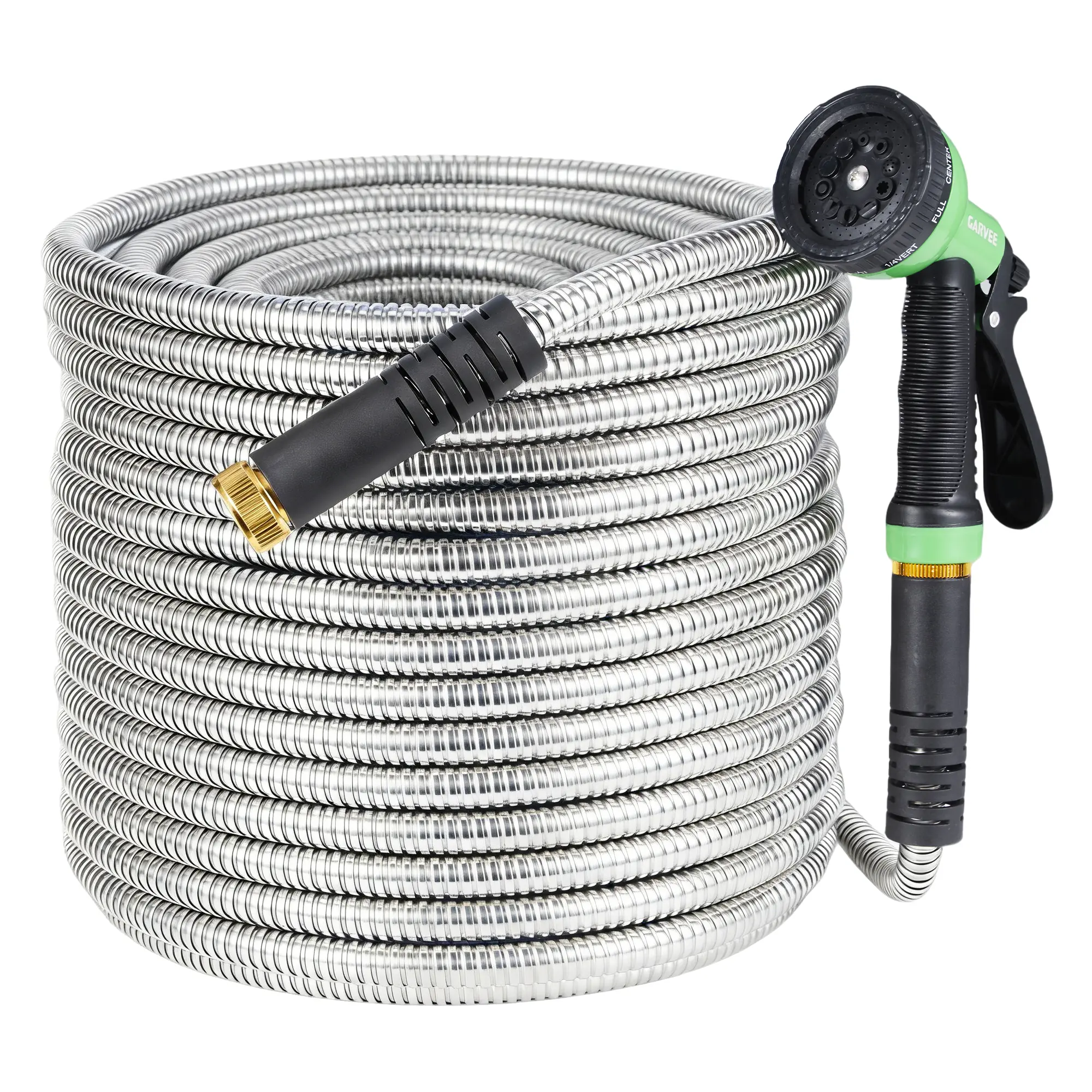 150FT Heavy Duty Stainless Steel Garden Hose, Flexible Kink-Free Metal Water Hose, 10-Pattern Leak-Proof Spray Nozzle, Sturdy 3/4'' Brass Connectors, US Standard for Outdoor Use