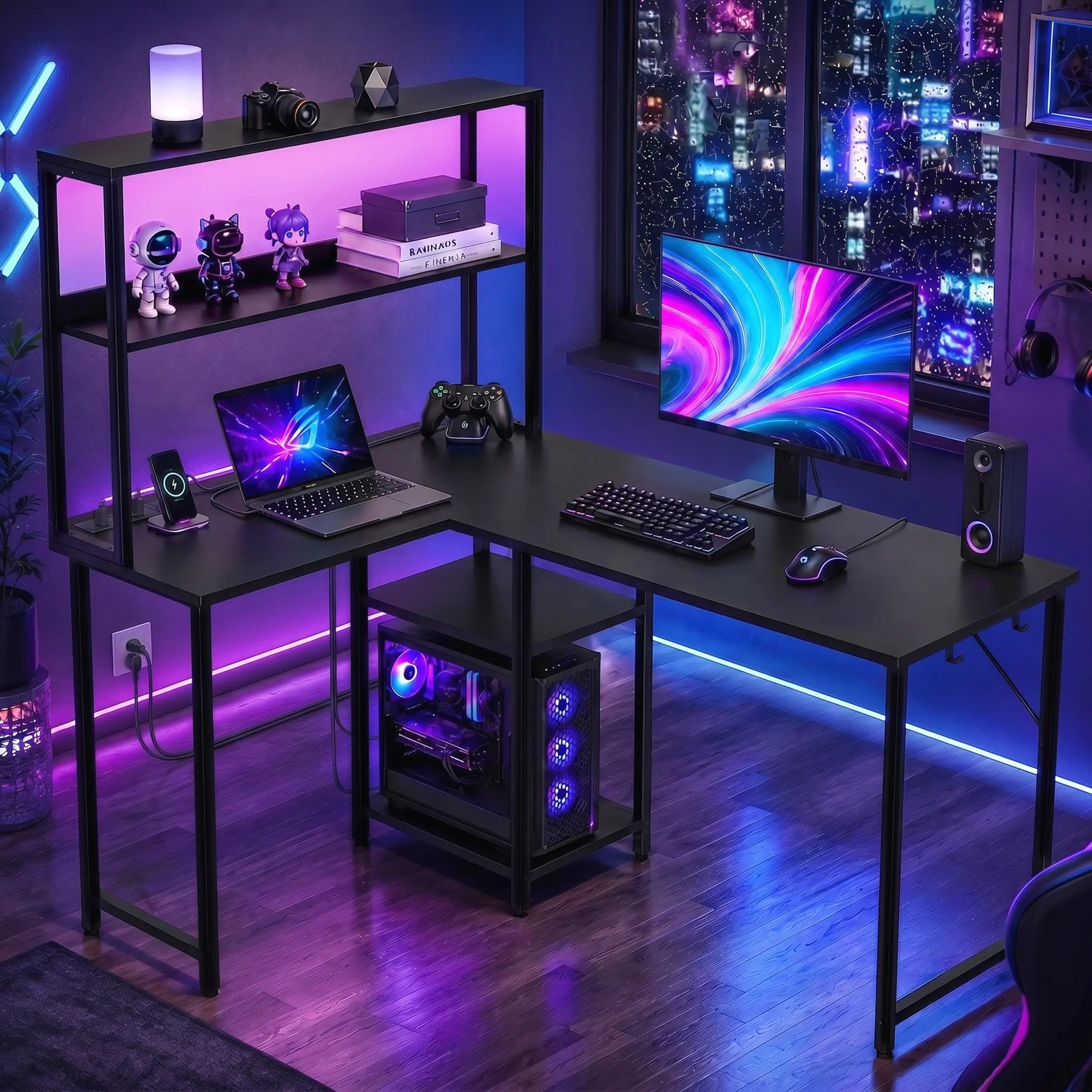 L Shaped Gaming Desk with LED Lighting, Reversible Desk with Power Outlets, Cornor Computer Table with Storage Shelves & Bag & Iron Hook, Home Office Table for Writing, Study