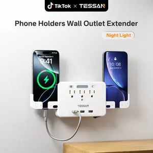 Tessan Wall Outlet Extender with Phone Holders Night Light All-in-One, Multi Plug Outlets USB Charger 3 AC 2 USB-A 1 USB-C Ports One Main Switch for Bathroom Bedside Kitchen Home Office
