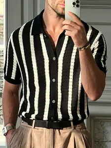 Men's Striped Print Open Cardigan, Summer Regular Fit Casual Short Sleeve Knit Sweater, Fashionable Men's Daily Wear Knit Top, Casual Chic Knitwear, Knitwear, Menswear