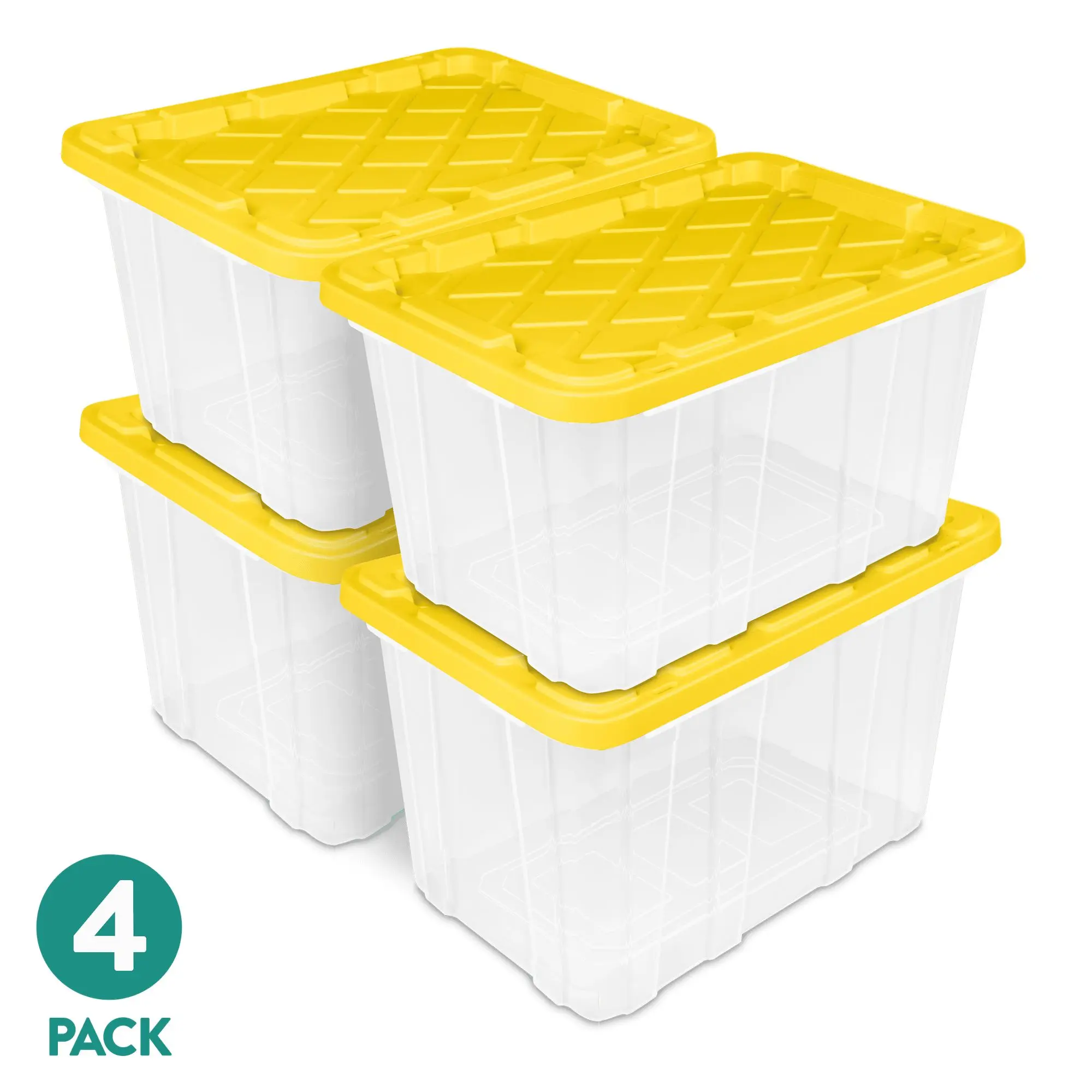 Sterilite Large Industrial Storage Tote, 27 Gallon Durable Clear Plastic Storage Bin with Snap-Fit Lid, Yellow, 4 Pack
