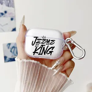 Jesus the King Pattern TPU Soft Protective Case for Apple AirPods 4/3/2/1/Pro/Pro2 Transparent Earphone Cover with Keychain Attachment
