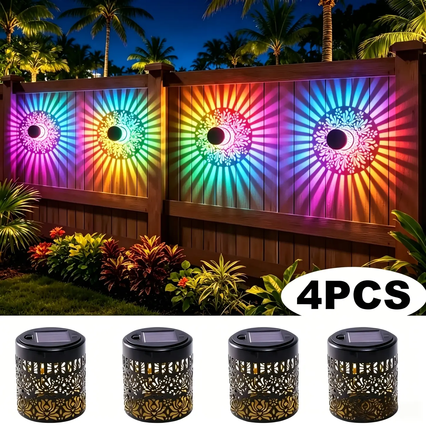4/2 outdoor solar decorative exterior wall lights, solar hollow peony lights, RGB multi-color optional step wall lights, IP65 solar exposed lamps, suitable for porch courtyards, gardens, balconies, fences, walls, steps, Christmas and Halloween decoration