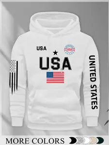 Men's Regular Fit Letter Print USA Print Fitted Knit Hoodie, Casual Long Sleeve Hooded Sweatshirt for Daily Wear, Men's Top for Fall & Winter