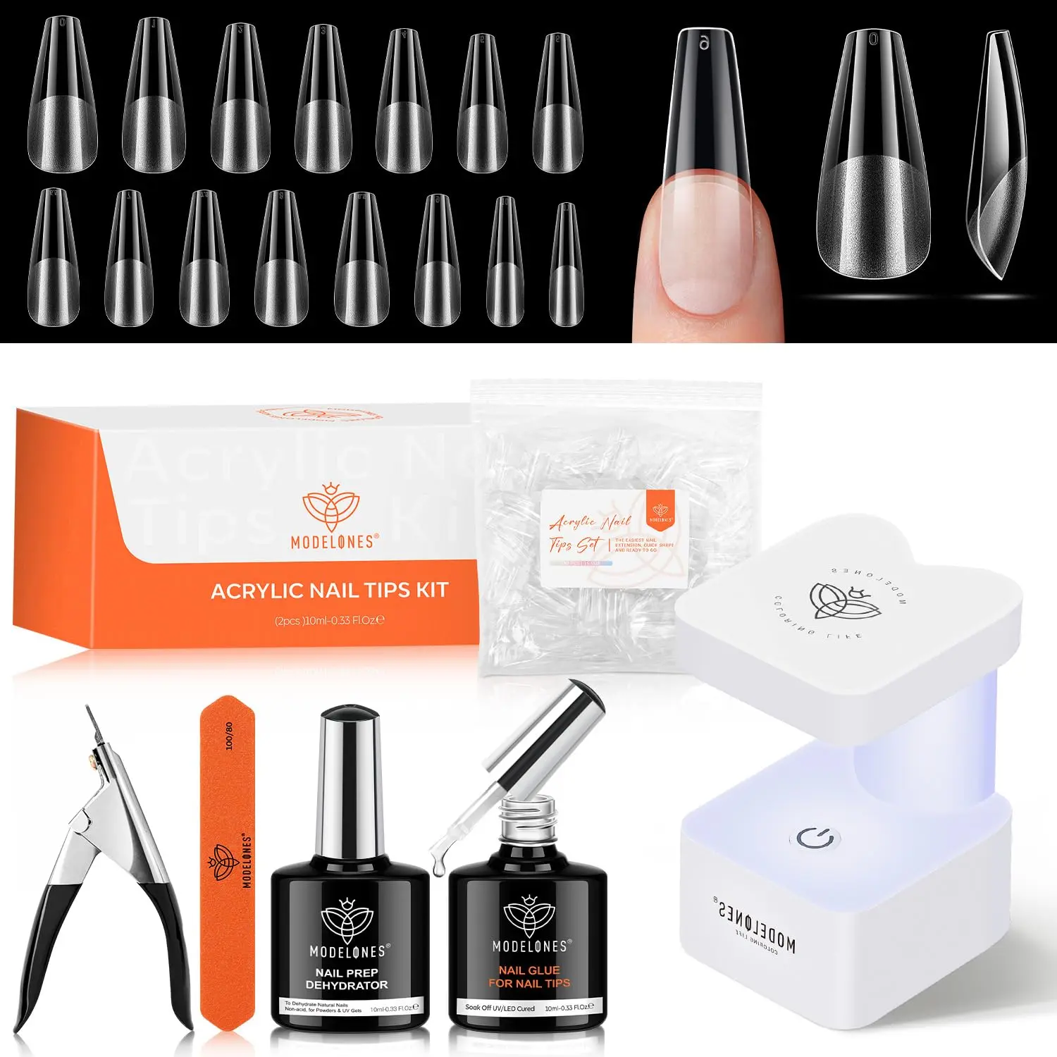 Modelones X Nail Gel Kit, Fake Nails 9-in-One Glue Prep Dehydrator & Portable Mini U V Light Acrylic Clipper Tips for Extension Kit DIY Salon Home Gift for Women |Fake Nails Tips for Extension Kit DIY Salon Home Gift for Women
