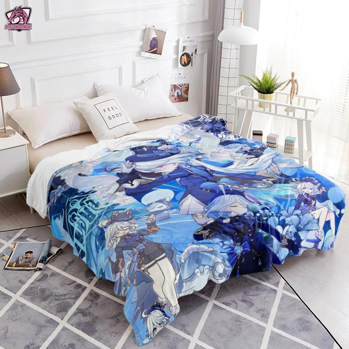 Genshin Impact Furina Themed Camping Throw Blanket - Character Art/Anime Panel/Graphic Character Design, Multiple Sizes, Fontaine Theatrical Aesthetic, Hydro Archon Charm, Birthday Gift Ideas for Genshin Collectors 251110, Camping Blanket