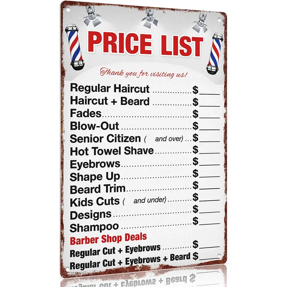 Retro Aluminium Metal Sign - 12x8in Decorative Wall Plaque, Barber Shop Price List, Home Decor, Photo Prop Gift for Salon Walls