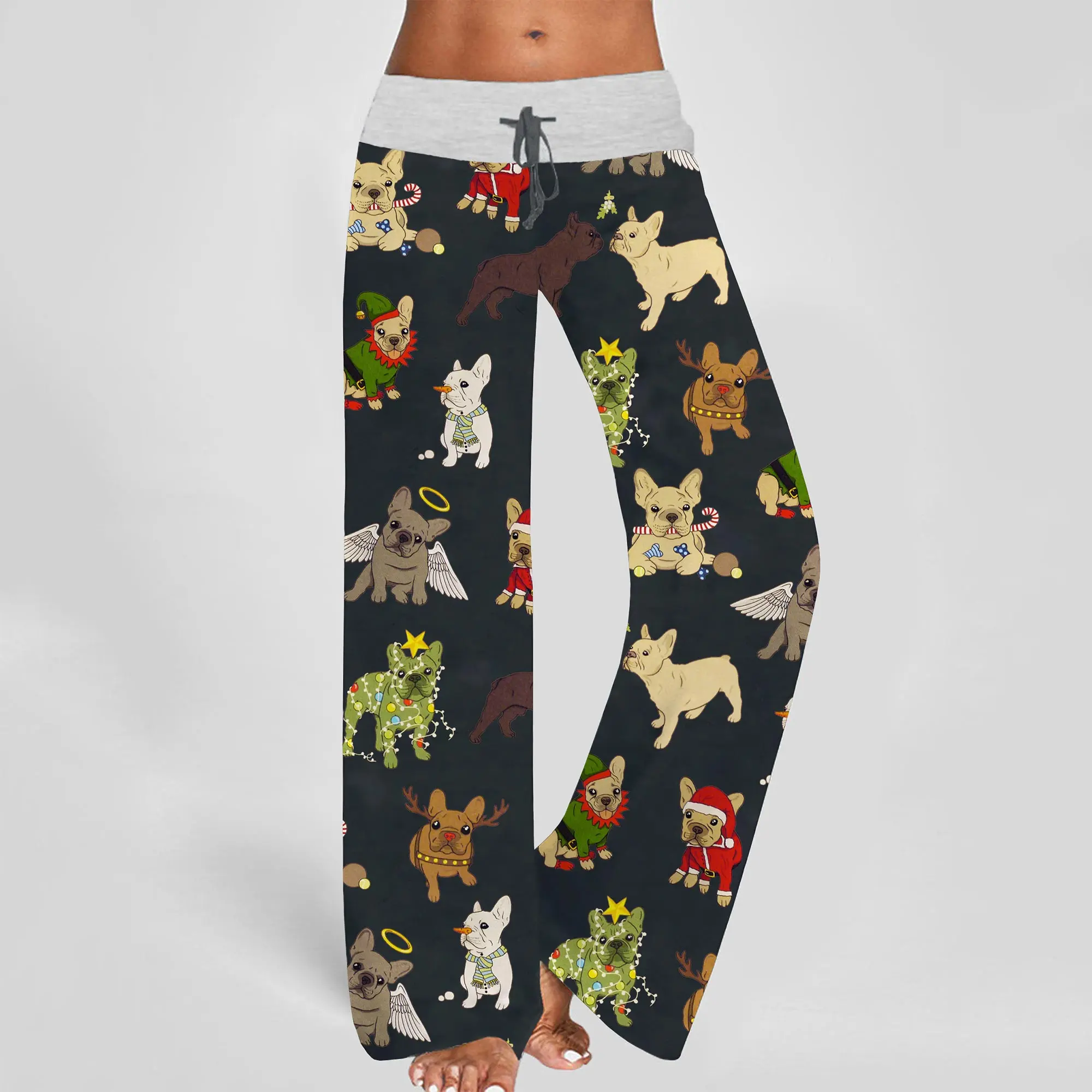 SHESHOW Christmas French Bulldog Contrast Wide Leg Pants For Women