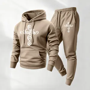 Men's Cross-Print Hooded Sweatshirt And Drawstring Sweatpants Set, Men's Casual Sportswear, Long-Sleeved Hooded Jacket And Pants, Suitable For Autumn And Winter, Men's Everyday Casual Wear, Sportswear Set, Casual Sportswear.