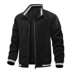 Men's Black Zip-Up Jacket with White Contrast Stripe Trim Stand Collar Casual Streetwear Coat Classic Classic Elegant Stylish Tops Menswear