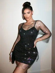 Women's Rhinestone Mesh Mini Dress, Sexy