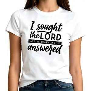 Unisex Summer T-shirt with minimalist black-and-white mixed-font scripture print: I sought the Lord, and He answered my prayer. Made of soft, breathable fabric in a sleek minimal design, versatile for all daily outfits.