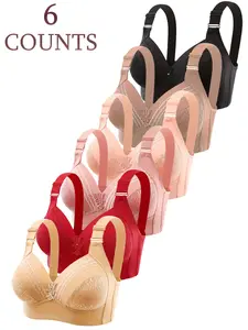 6Pcs Thin-Cup Wire-Free Back-Beautiful Underwear Comfortable And Adjustable Breathable Sweat-Absorbent Bra Seamless Wireless Supportive Basic Multicolor Soft