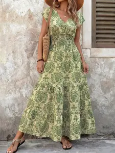 Boho V-Neck Waist-Tie Dress, Vintage Print Beachwear, Holiday Long Skirt, Casual Vacation Wear, Available in 3 Colors