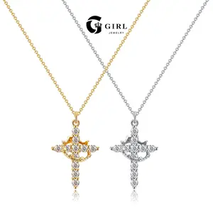 GGIRL Charming Retro Summer 14k Gold Plated Zirconia Crown Cross Pendant Necklace for Women and Men&girls Easter Choker Chain Pretty Daily Party Clothing Decor Trendy All-Match Exquisite Jewelry Gift for Black Friday Christmas