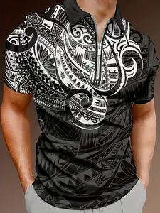Men's Geometric Print Polo Shirt, Casual Fitted Short Sleeve Design, Breathable Summer Top for Warm Weather, Stylish Men's Clothing