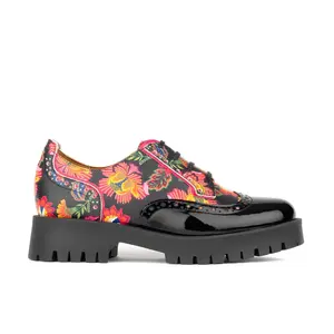 Artisan Women's Oxford Platform Shoes - Black & Red Floral Accents, Italian Leather, Comfortable Rubber Soles