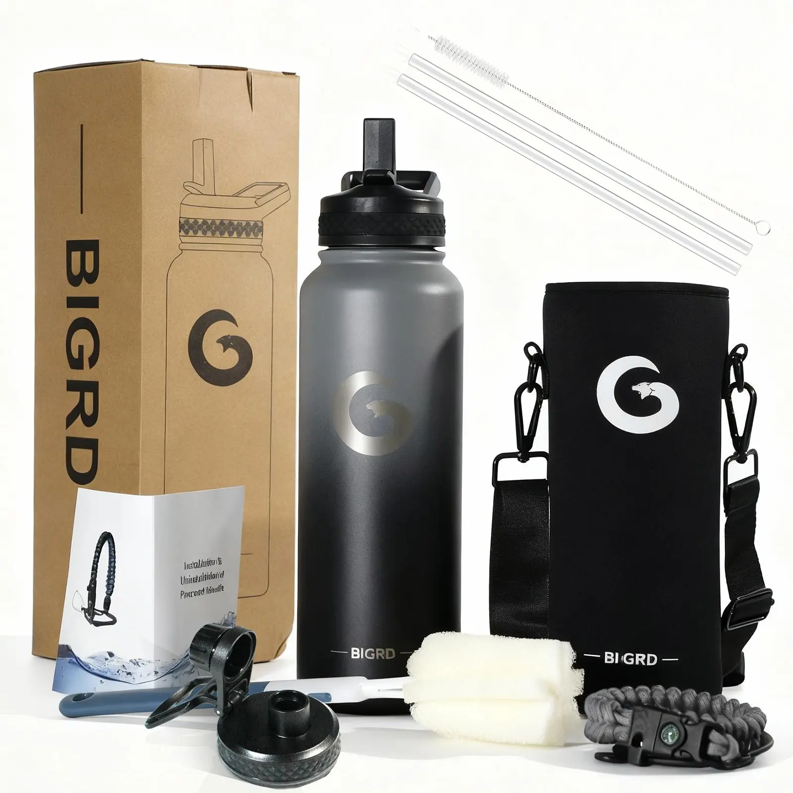 1Pcs BIGRD 40oz/1183ml, Insulated Water Bottle, Vacuum Insulated Flask, Leakproof Insulated Container, Durable Insulated, Triple Vacuum Stainless Steel (Cold for 48 Hours), Half Gallon Water Bottle with Paracord Handle and Straw Spout Lid