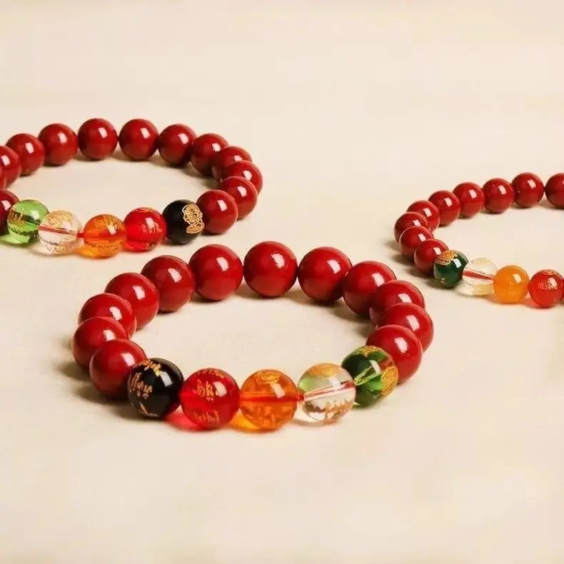 Asian 5 Elements Wealth Gods Bracelet - Portable Vermilion Smooth Beads Religious Home Decor, Black Accent for Good Luck & Abundance (Daily Use)